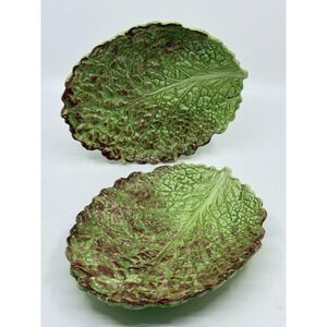 Majolica Cabbage Leaf Serving Dish Platter Maroon Green Made In Italy- A Pair 2